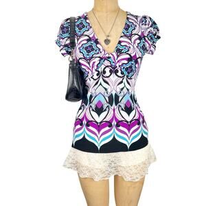Y2K 2000's‎ Retro Abstract Puff Sleeve Top Whimsygoth Graphic Print Sz S